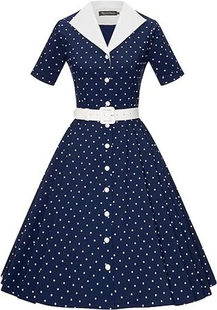 Amazon.com: GownTown 1950 Women Dress Midi Shirt Dress Cocktail Dress with Belt : Clothing, Shoes & Jewelry