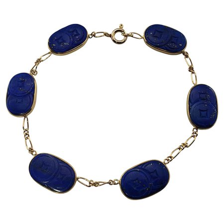 Vintage 14 Karat Yellow Gold Lapis Lazuli Scarab Bracelet For Sale at 1stDibs