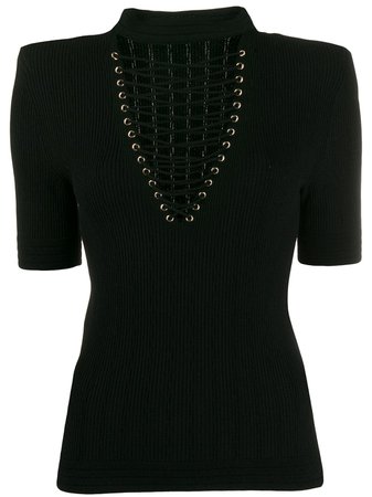 Black Balmain Rib-Knit Lace-Up Top | Farfetch.com