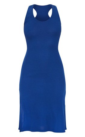 Midnight Blue Ribbed Scoop Neck Split Midi Dress | PrettyLittleThing