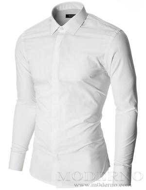 Slim fit mens white dress shirt with hidden closer by MODERNO (MOD1447LS)