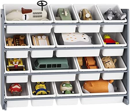Amazon.com: FOTOSOK Toy Storage Organizer with 16 Bins & Shelf, Multifunctional Storage Rack with Stackable and Removable Bins, Storage Unit for Kids, Bedroom, Living Room, Playroom with White Bins and Gray Frame : Baby