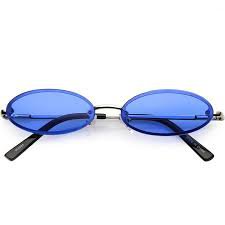 retro small rimless oval sunglasses slim arms color tinted lens 54mm (silver / blue) - Google Search
