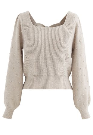 Bowknot Back Square Nneck Knit Sweater in Light Tan - Retro, Indie and Unique Fashion