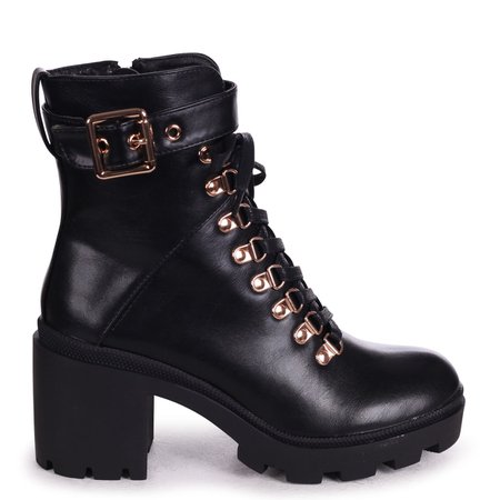 Black Nappa Chunky Heeled Military Boot With Rose Gold Eyelets & Buckle – Linzi