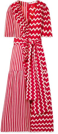 Ruffle-trimmed Printed Silk-moire Maxi Dress - Red