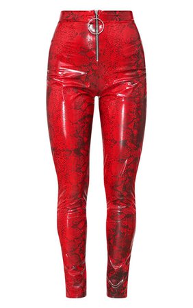Red Snake Vinyl Zip Front Trousers | Trousers | PrettyLittleThing