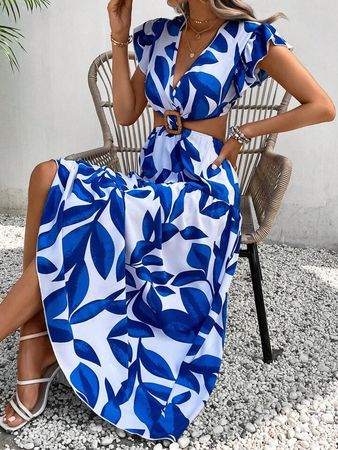 SHEIN VCAY Leaf Print Butterfly Sleeve Dress Without Belt | SHEIN USA
