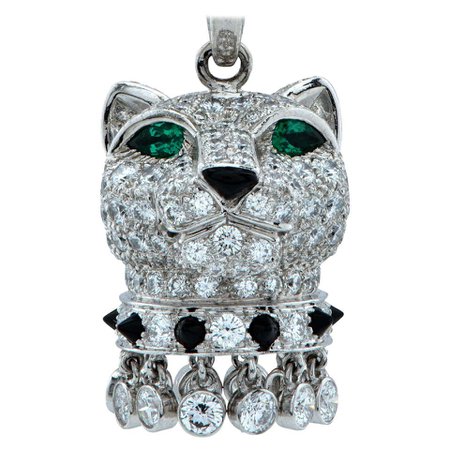 Panthere de Cartier Diamond Emerald and Onyx 18 Karat Gold Panther Head Necklace For Sale at 1stDibs