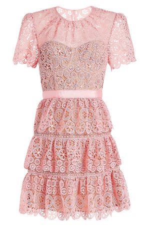 Self-Portrait - Tiered Lace Mini Dress - pink