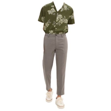 green floral patterned button down up shirt gray pants white sneakers full outfit png