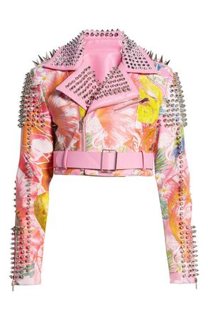 AZALEA WANG Studded Floral Faux Leather Belted Crop Moto Jacket | Nordstrom