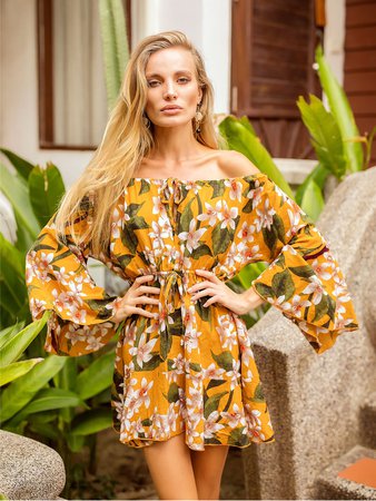 Bardot Flounce Sleeve Drawstring Florals Dress