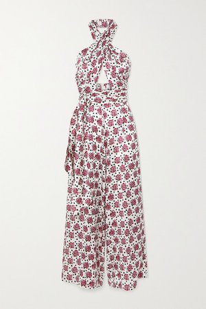 Wrap-effect Floral-print Silk-satin Jumpsuit - Pink