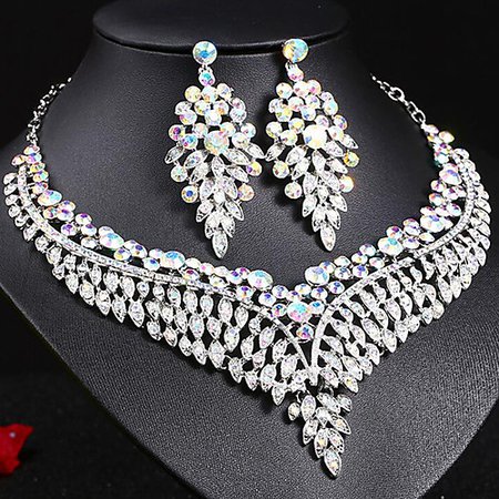 Women's Sapphire Crystal Statement Necklace Earrings Bridal Jewelry Sets Leaf Ladies Stylish Luxury Unique Design Dangling Elegant Rhinestone Earrings Jewelry Dark Blue / Rainbow / Red For Party Gift 2020 - US $21.99