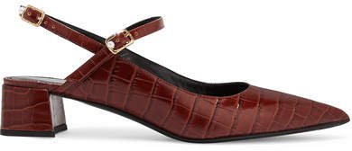 Aerin Croc-effect Glossed-leather Slingback Pumps - Brown