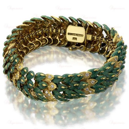 DAVID WEBB Green Enamel Diamond Yellow Gold Snake Bracelet
