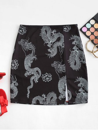 [25% OFF] [HOT] 2020 Oriental Dragon Print Slit Short Skirt In BLACK | ZAFUL
