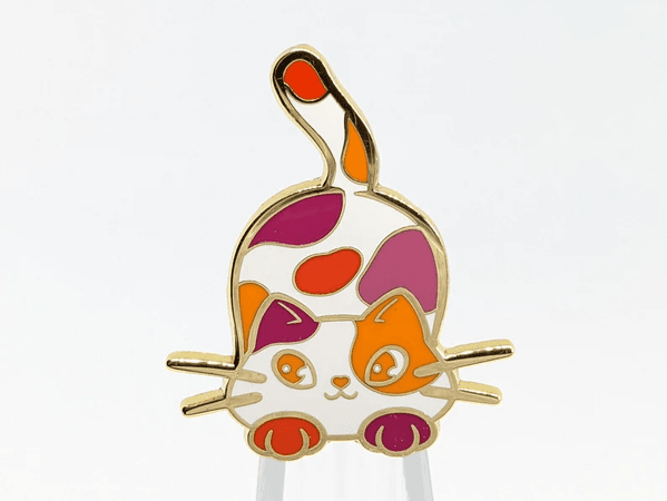 Lesbian Pin Purride Chibi Calico Cat Enamel Pin in Orange Lesbian Pride Flag Colors | LGBTQ+ Subtle Lesbian Pride Jewelry
