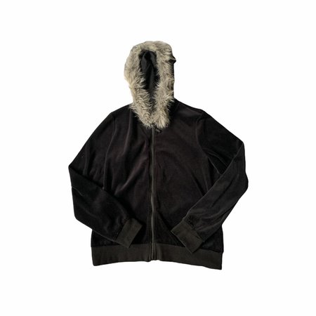 black velour zip up hoodie jacket with gray fur trim