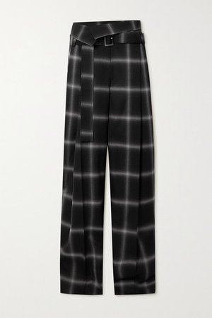 Belted Checked Wool Wide-leg Pants - Black