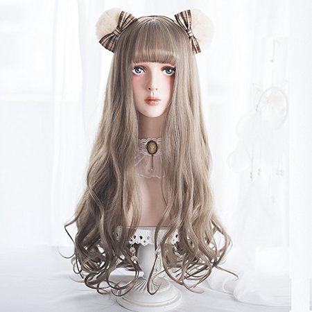 Long Curly Wavy Wig Bangs - Grey Mixed Wigs for Women Cosplay Costume, Natural Looking Synthetic Lolita Wig for Halloween, Concerts, Wedding and Dating
