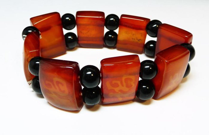Art Glass Stretch Bracelet Black Beads & Amber Colored | Etsy