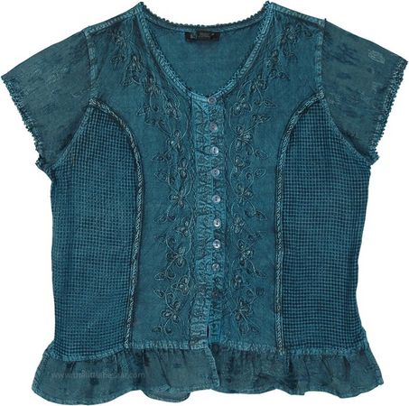 Peacock Blue Bohemian Plus Size Tunic Shirt with Embroidery | Tunic-Shirt | Blue | Stonewash, Embroidered, Fall, Bohemian, XL-Plus