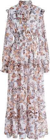 CHICWISH Women's Darling Autumn Scenery Tie Neck V-Neck Chiffon Maxi Dress at Amazon Women’s Clothing store