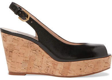Jean Glossed Textured-leather Slingback Wedge Sandals - Black