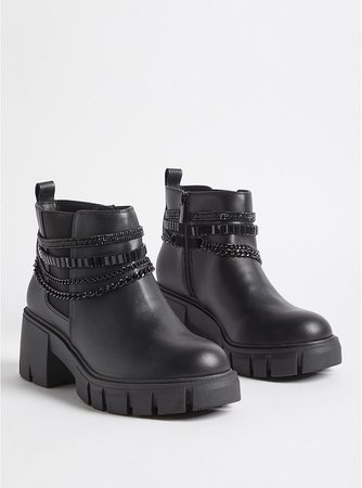 Chain Ankle Bootie - Faux Leather Black