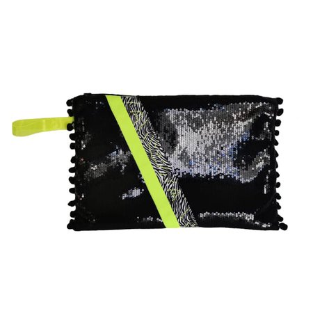 Black Sequin Clutch Bag With Neon Ribbon & Pompom Details | Lalipop Design | Wolf & Badger