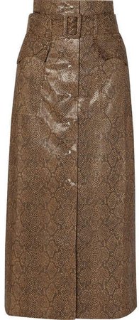 Aarohi Belted Snake-effect Vegan Leather Midi Skirt - Brown