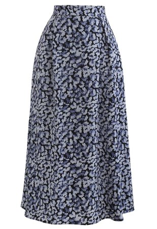 Tumbling Flowers Printed A-Line Midi Skirt in Blue - Retro, Indie and Unique Fashion