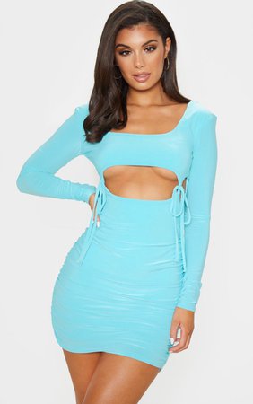 Aqua Slinky Ruched Double Tie Detail Bodycon Dress | PrettyLittleThing
