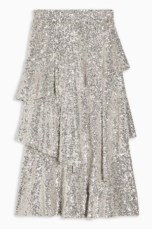 Silver Sequin Tiered Midi Skirt | Topshop