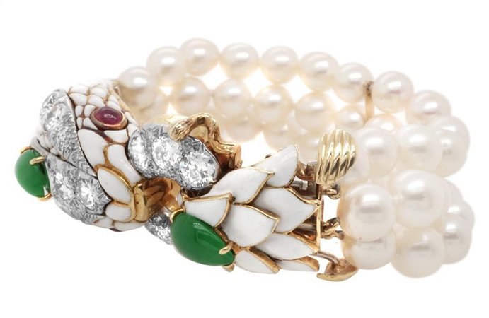 David Webb Platinum Gold Diamond Jade Ruby Pearl and Enamel Bracelet For Sale at 1stdibs