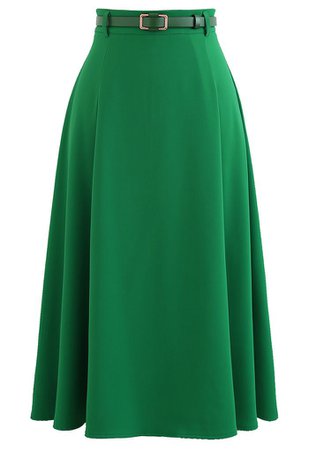 High Waist Belted Flare Midi Skirt in Green - Retro, Indie and Unique Fashion