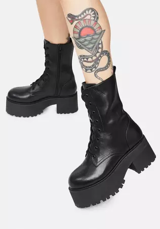 Current Mood Heeled Platform Combat Boots - Black Vegan Leather – Dolls Kill