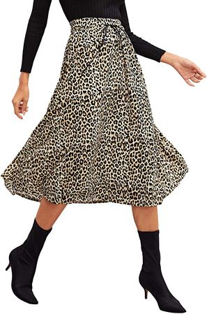 Verdusa Women's High Waist A-line Flared Leopard Print Skirt Multicolor L at Amazon Women’s Clothing store
