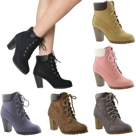 Women's Ankle Boots Lace Up Booties Chunky Stacked High Heel Rugged Padded Shoes | eBay