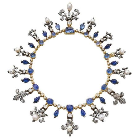 Victorian Sapphire, Pearl and Diamond Fleur de Lys Necklace For Sale at 1stDibs