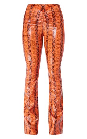 Bright Orange Pu Snake Ruched Front Flare Trousers | PrettyLittleThing USA
