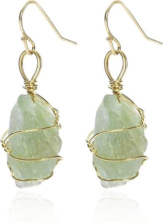 Amazon.com: Green Fluorite Earrings, Raw Green Fluorite Earrings, Dangle Earrings, Delicate Stone Charm Gold Plated Drop Earrings, Wire wrapped crystal, Gemstone earrings