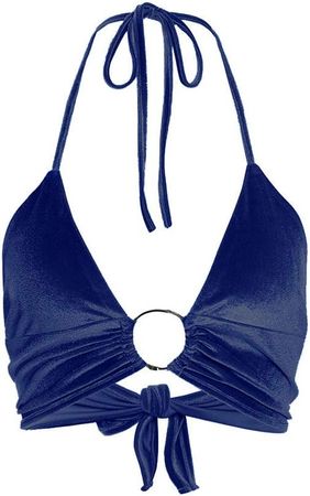 Women Deep V-Neck Self-Tie Camisole Metal Ring Halter Backless Crop Top (Dark Blue, Medium) at Amazon Women’s Clothing store