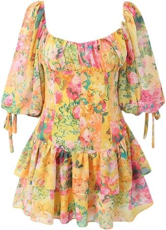 Amazon.com: REHJJDFD Women's Half Sleeve Flower Mini Dress Ruched Chest Corset Low Waist Irregular Ruffles Short Robe : Clothing, Shoes & Jewelry