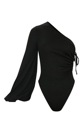 Black One Shoulder Ruched Rib Bodysuit | Tops | PrettyLittleThing