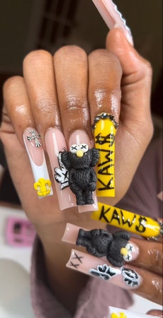 Yellow, White and Black Kaws Nails