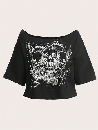 Is That The New Grunge Punk Skull & Floral Print Off Shoulder Tee ??| ROMWE USA