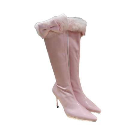 pink vinyl heeled fur trim boots
